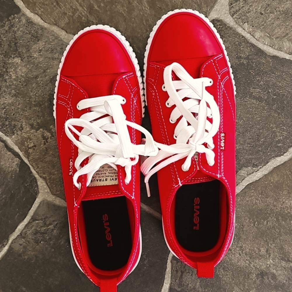 Levi's Red Canvas Sneakers with White Laces And Stitching, Women's Size 8.5
